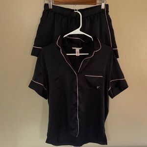 Victoria's Secret Black Satin Pajama Set with Pink Trim